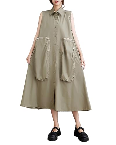 ellazhu Damenhemdkleid Knopfleiste Taschen Reißverschluss ärmellos Revers einfarbig locker übergroß Sommer GZ228 Grün von ellazhu