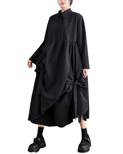 ellazhu Damenhemdkleid Revers Knopfleiste Langarm Fließender Saum Einfarbig Patchwork Locker Oversize GZ278 Schwarz von ellazhu
