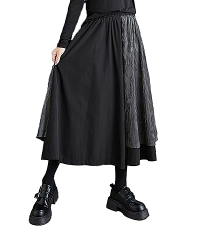 ellazhu Damenhose Elastischer Fließender Saum Schwarz und Grau Blatt Patchwork Taschen Unterhalb des Knies Bequem Locker GZ283 von ellazhu