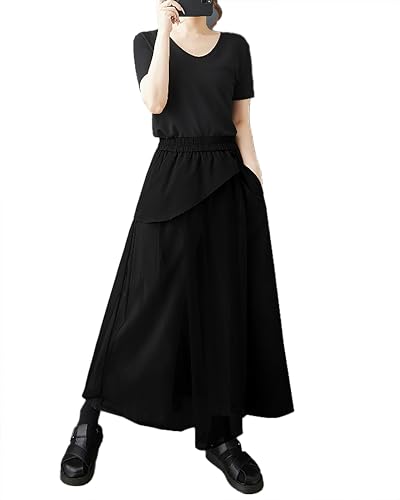 ellazhu Damenhose Patchwork Elastischer Bund Seitentasche Tüll Lässig Übergröße Mode GZ562 Schwarz von ellazhu