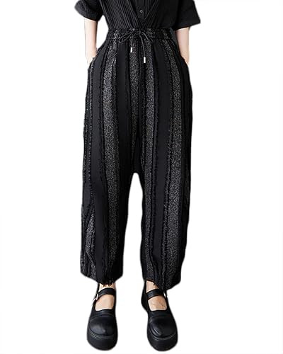 ellazhu Damenhose Weite Beine Tasche Hohe Taille Haremhose Patchwork Gestreift GZ472 Schwarz von ellazhu