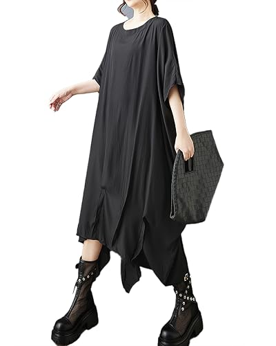 ellazhu Damenkleid Fledermausärmel Einfarbig Rundhalsausschnitt Übergröße Unregelmäßiger Saum Lässig Mode GZ565 Schwarz von ellazhu