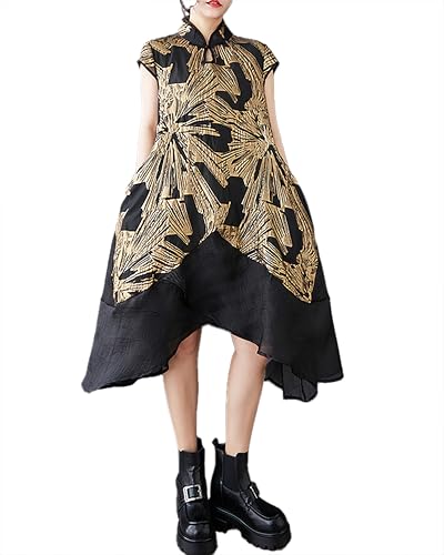 ellazhu Damenkleid Gemustert ärmellos Zwei Seitentaschen Stehkragen asymmetrischer Saum lässig locker GZ425 von ellazhu