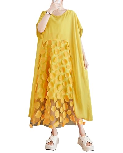 ellazhu Damenkleid Kurzarm Rundhalsausschnitt Punkte Zweiteiliges Sommer GZ204 Gelb von ellazhu