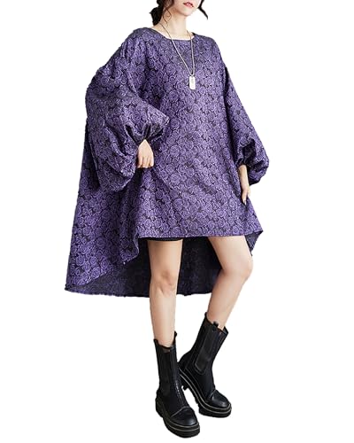 ellazhu Damenkleid Langarm Rundhalsausschnitt Fließender High-Low-Saum Locker Oversize Lässig Herbst GZ261 Lila von ellazhu