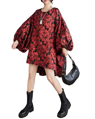 ellazhu Damenkleid Langarm Rundhalsausschnitt Fließender High-Low-Saum Locker Oversize Lässig Herbst GZ261 Rot von ellazhu