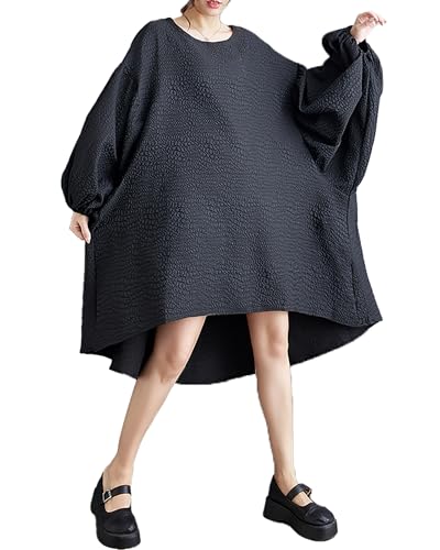 ellazhu Damenkleid Langarm Rundhalsausschnitt Fließender High-Low-Saum Locker Oversize Lässig Herbst GZ261 Schwarz von ellazhu