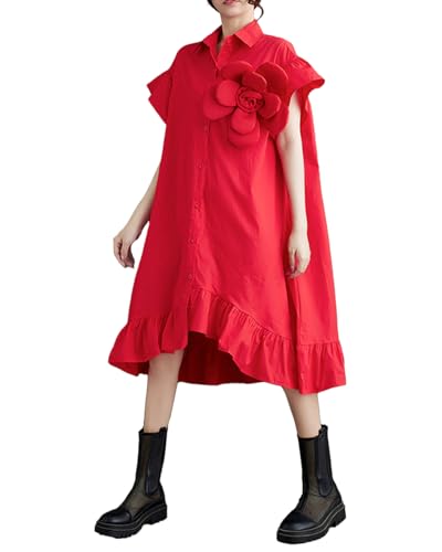 ellazhu Damenkleid Locker Unregelmäßig Rüschen Saum Blumen Knopfleiste V-Ausschnitt Kurzarmhemd GZ210 Rot von ellazhu