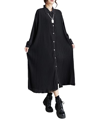 ellazhu Damenkleid Revers Knopfleiste Langarm Fließender Saum Streifen Einfarbig Locker Oversize Herbst GZ282 Schwarz von ellazhu
