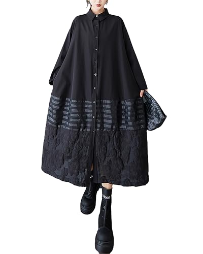 ellazhu Damenkleid Revers Langarm Knopfverschluss Gestreift Plus Size Fließender Saum Freizeitmode Locker Casual Maxi GZ601 A von ellazhu