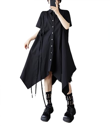 ellazhu Damenkleid Reverskragen Kurzarm Unregelmäßiger Saum Knopfleiste Kordelzug Hemdblusenkleid GZ503 Schwarz von ellazhu