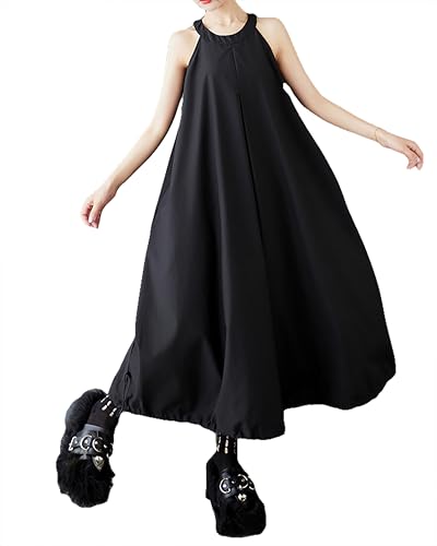 ellazhu Damenkleid Rundhalsausschnitt Ärmellos Locker Schlicht Lang Sommer Strand Maxikleid mit Taschen GZ477 Schwarz von ellazhu