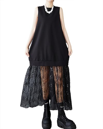 ellazhu Damenkleid Rundhalsausschnitt Ärmellos Midi-Kleid Fließender Saum Spitze Patchwork GZ461 Schwarz von ellazhu