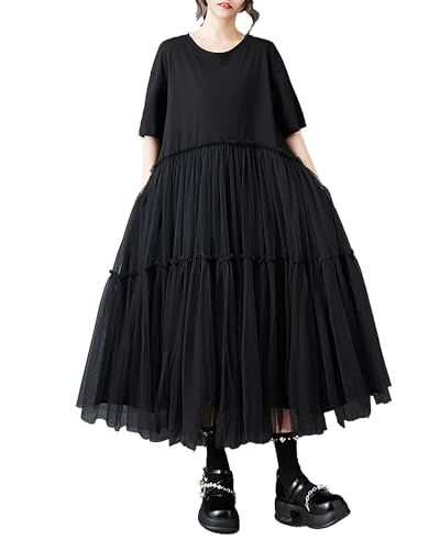 ellazhu Damenkleid Rundhalsausschnitt Kurzarm Fließender Tüllsaum Patchwork Uni mit Tasche GZ498 Schwarz von ellazhu