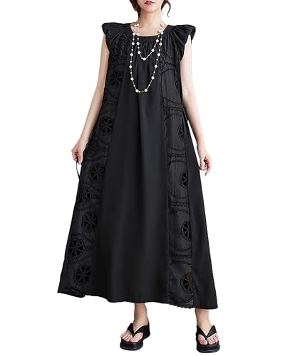 ellazhu Damenkleid ärmelloses Tanktop Rundhalsausschnitt einfarbiges schwarzes Muster Oversize lockere Lange Länge Sommer GZ235 von ellazhu