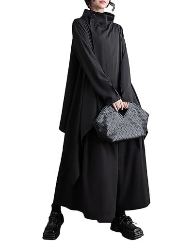 ellazhu Damenmantel Knopf Langarm Fließender Saum Reißverschluss Einfarbig Schwarz Oversize Locker Herbst GZ255 von ellazhu