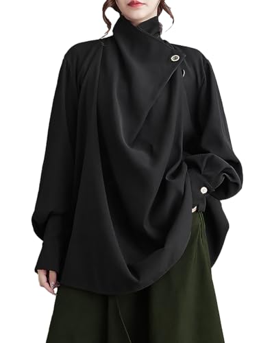 ellazhu Damenmantel Knopfleiste Langarm Pile Kragen Fließender Saum Solide Locker Oversize Top GZ266 Schwarz von ellazhu