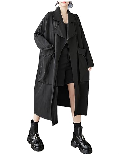 ellazhu Damenmantel Revers Einfarbig Geteilter Fließender Saum Zwei Seitentaschen Langarm Übergroß Locker Maxi GZ365 Schwarz von ellazhu