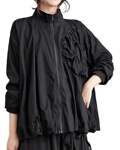 ellazhu Damenmantel Trench Stehkragen Langarm Oversize Mit Reißverschluss Seitentaschen Schwarz Einfarbig Oberbekleidung GZ635 Schwarz von ellazhu