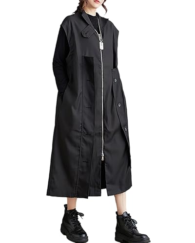 ellazhu Damenmantel Windbreaker Knopfleiste Tasche Solide Reißverschluss Ärmellos Locker Oversize GZ263 Schwarz von ellazhu