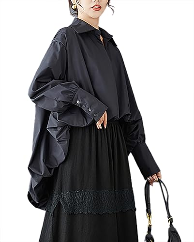 ellazhu Damenoberteil Revers Langarm Uni Asymmetrischer Rüschen-Saum Freizeit Locker GZ391 Schwarz von ellazhu