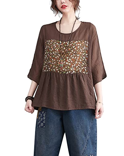 ellazhu Frauen 3/4 Ärmel Rundhalsausschnitt Blumen Farbblock Tops T-Shirt Pullover Bluse GA2523, Kaffee, S/L von ellazhu