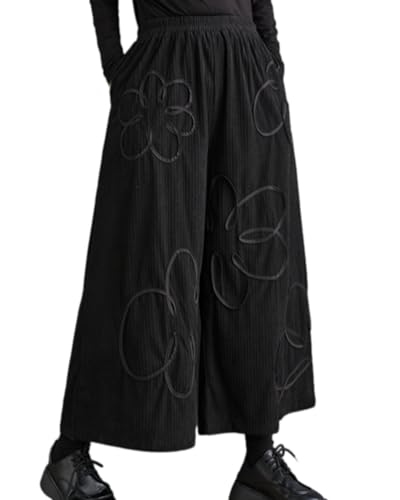 ellazhu Frauen Casual Elastische Taille Gerade Weite Hosen mit Taschen GZ77 Schwarz von ellazhu