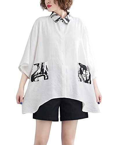 ellazhu Frauen Kurzarm Solide Taschen Button Down Kragen Tops Hemd Bluse GA2504, Weiss/opulenter Garten, S/XL von ellazhu