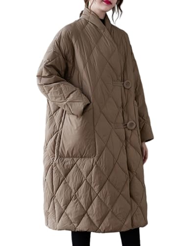 ellazhu Frauen Leichte Gesteppte Jacke Gefüttert Winter Fest Knopf Steppmantel GZ69 Hellbraun von ellazhu