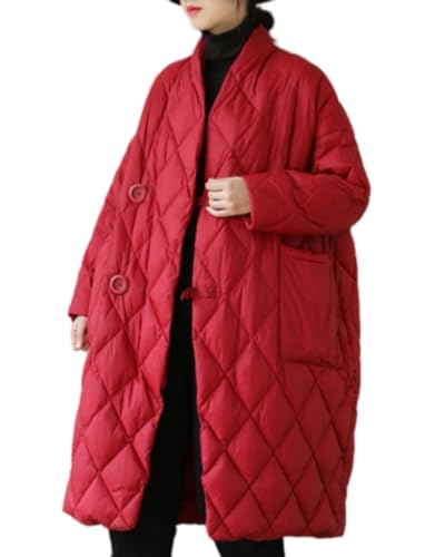 ellazhu Frauen Leichte Gesteppte Jacke Gefüttert Winter Fest Knopf Steppmantel GZ69 Rot von ellazhu