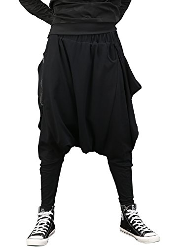 ellazhu Herren Baggy Lang Elastischer Bund Drop Crotch Schwarz Harem Hose GYM161 von ellazhu