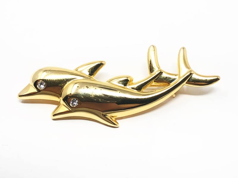 Goldenes Delfinpaar Mit Strassaugen Brosche - Vintage Goldenes Delfinpaar Mit Strassaugen Brosche - Vintage von ellepresidente