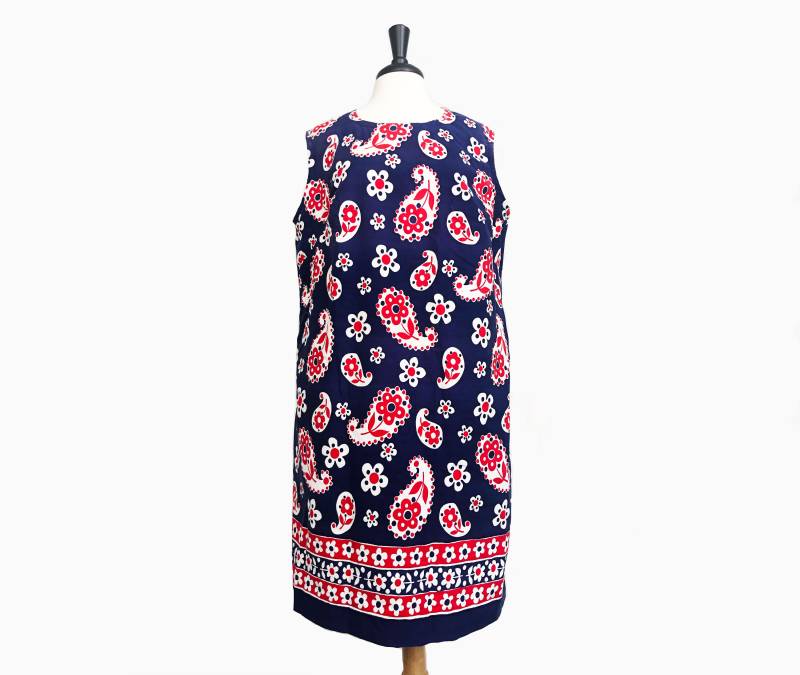 Mod A-Linie Ärmelloses Kleid in Blau Mit Rot-Weißem Maxi-Paisley Vintage Mod A-Linie Ärmelloses Kleid in Blau Mit Rot-Weißem Maxi-Paisley Vintage von ellepresidente