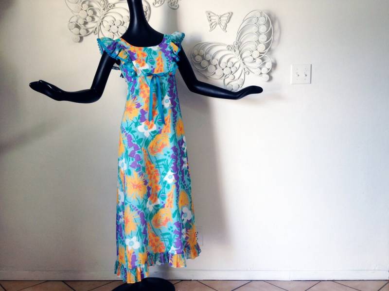 Jahrgang 1970Er Jahre Hawaiian Hippie Prairie Kleid Marsha Brady Bündel Mod Blume Schiere Zerzauste Maxi-Kleid Trägerkleid Stil Größe Extra Klein Xs von elliemayhems