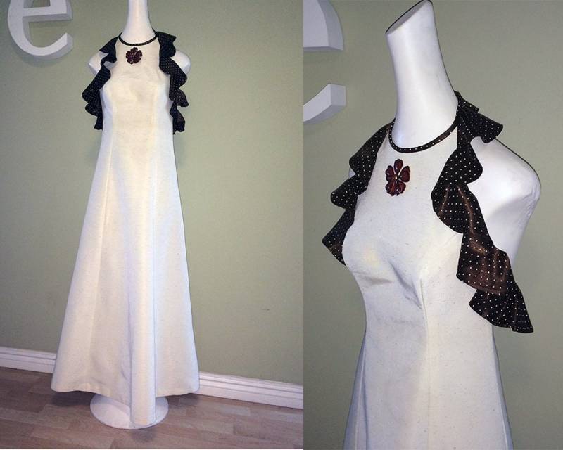 Mod Vintage 70Er Hippie Prom Kleid 1970Er Boho Halter Maxi & Flower Pin Braun Polkadot Polka Dot Rüschen Von Young Edwardian Für Arpeja Xs von elliemayhems