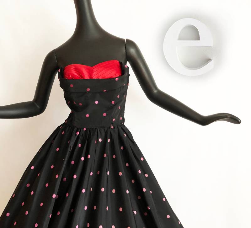 Polka Dot Rockabilly Kleid | Vintage 50Er Pin Up Bombshell Prom Partykleid Schwarz Rosa Punkte Mit Roter Büste Full Circle Rock Maritime Sm von elliemayhems