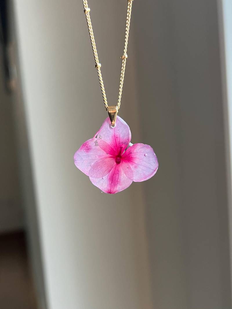 Kettenanhänger Aus Einer Echten Hellrosa Hortensienblüte Mit Goldenem Verschluss von ellsandemms