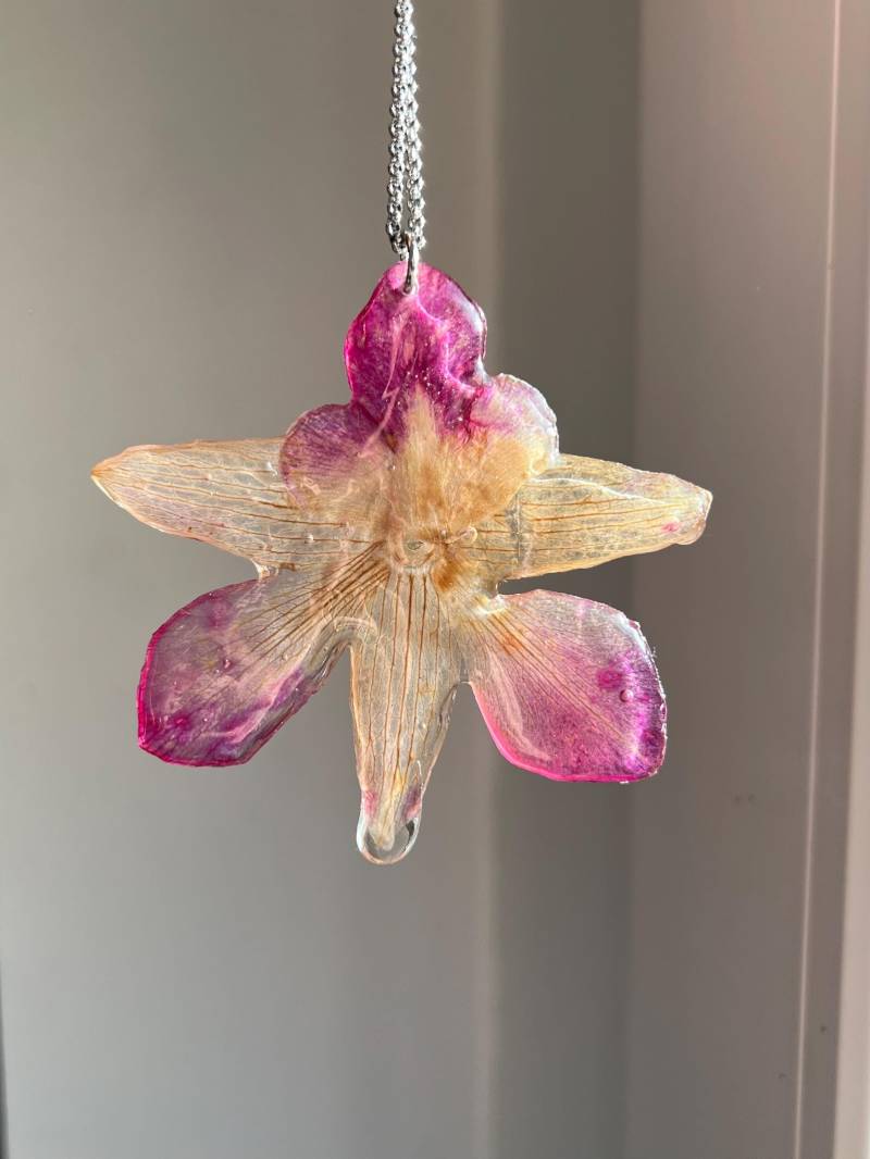 Kettenanhänger Aus Einer Echten Orchideenblüte in Rosa Und Weiß Mit Silbernem Verschluss von ellsandemms