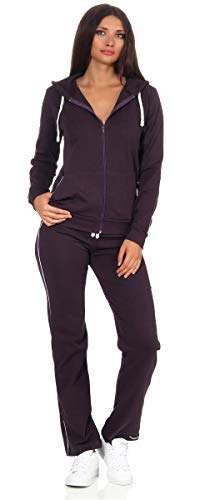 eloModa Damen Freizeitanzug Hausanzug Jogginganzug Anzug mit Reißverschluss Aubergine-Weiß S von eloModa