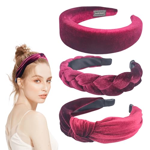 elthmpr Haarreif Samt Rot Damen - 3 Stück Haarreif Geflochten Rot Haarreifen Damen Headband Modisches Haarbänder Vintage Haarband Geflochtener aus Samt für Mädchen und Frauen von elthmpr