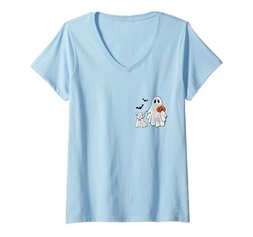 Damen niedlicher Hund Geist T-Shirt mit V-Ausschnitt von embroidered cute dog ghost t-shirt