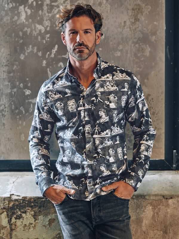 emilio adani Herren Hemd langarm Schwarz regular gemustert Button Under von emilio adani