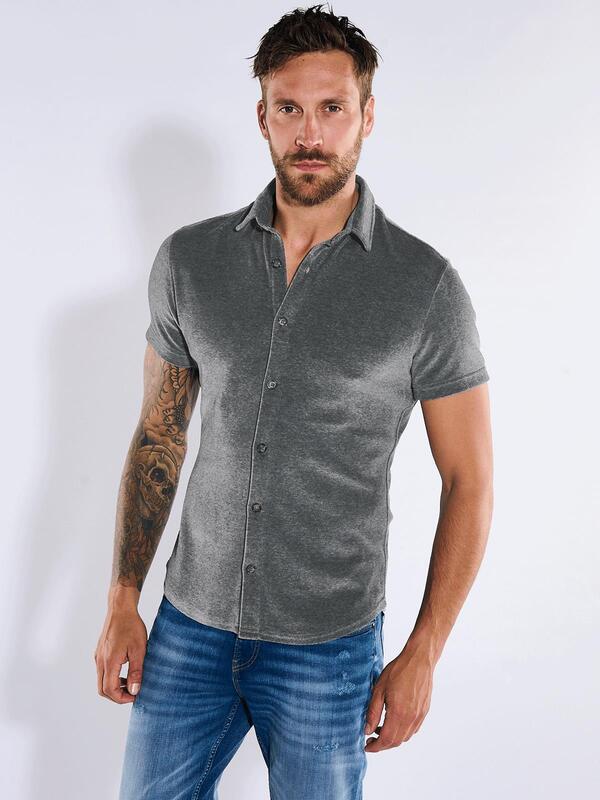 emilio adani Herren Kurzarm-Hemd slim fit grau uni Kent-Kragen von emilio adani