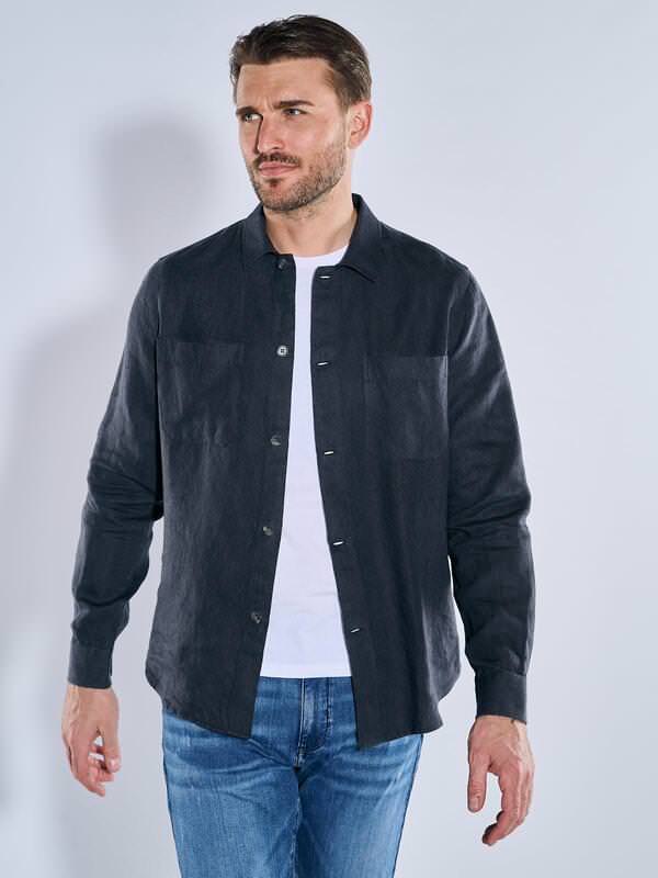 emilio adani Herren Langarm-Hemd aus Leinen Schwarz regular uni Reverskragen von emilio adani