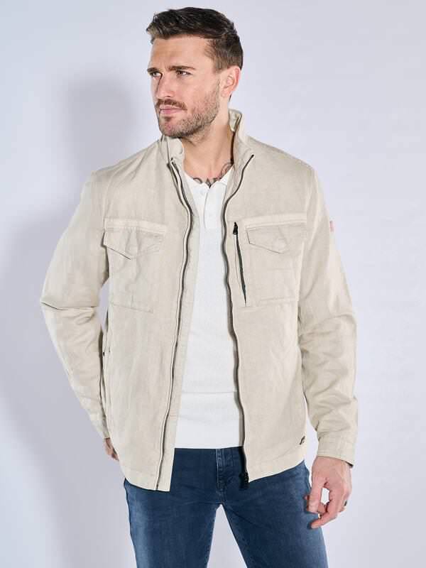 emilio adani Herren Jacke mit Leinenanteil Weiß slim fit uni Stehkragen von emilio adani