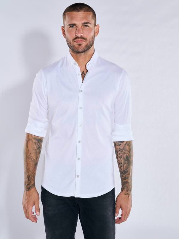 emilio adani Herren Jersey-Hemd Langarm Weiß slim fit uni Kent-Kragen von emilio adani