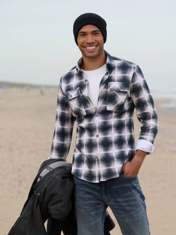 emilio adani Herren Karohemd Beige slim fit kariert Kent-Kragen von emilio adani