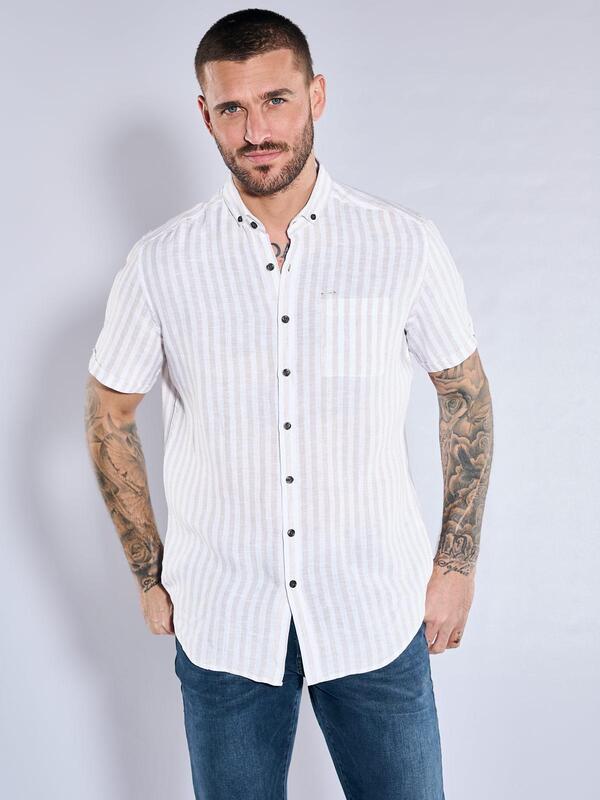 emilio adani Herren Kurzarm-Hemd aus Leinen Braun regular gestreift Button Down von emilio adani