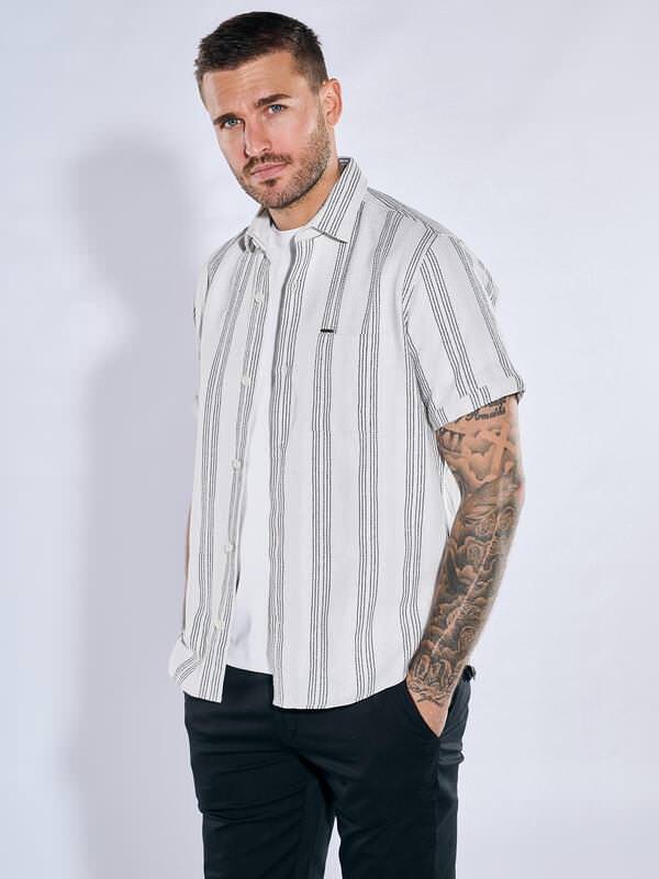 emilio adani Herren Kurzarm-Hemd gestreift Weiß regular Kent-Kragen von emilio adani