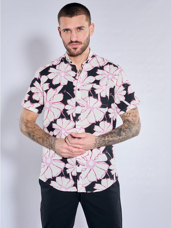 emilio adani Herren Kurzarm-Hemd mit Leinenanteil violett regular gemustert Button Down von emilio adani